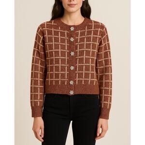 Oxxo Women’s Cardigan Sweater Size Large Textured Knit Crystal Flower Buttons
